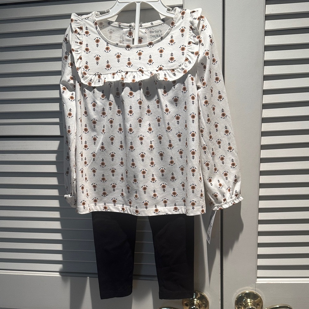 4T  Cream Floral Top with black straight leg leggings